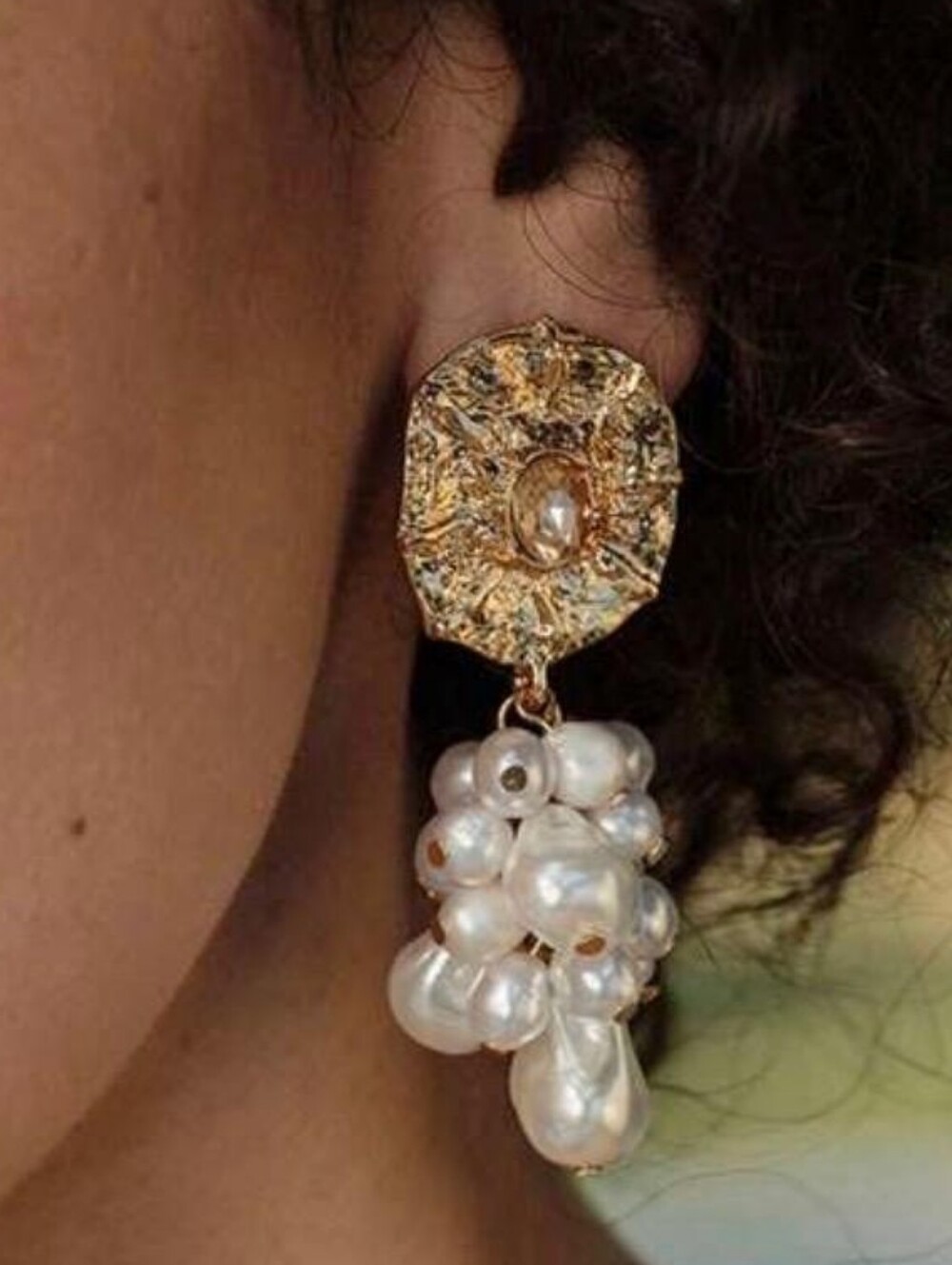 Gold and White Pearl Cluster Drop Earrings